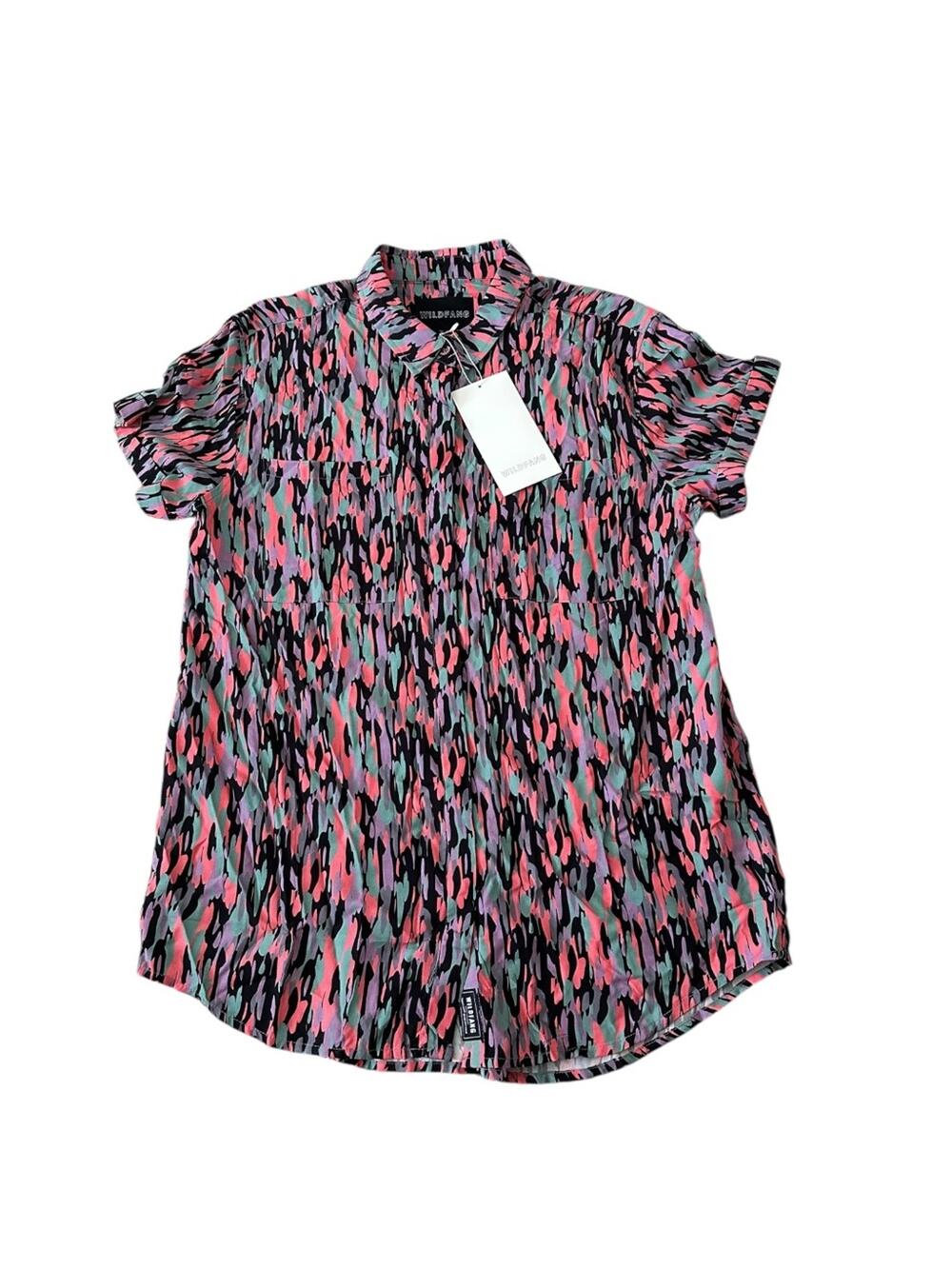 NEW Wildfang Empower Short Sleeve Button Up Shirt Abstract Print Small NWT